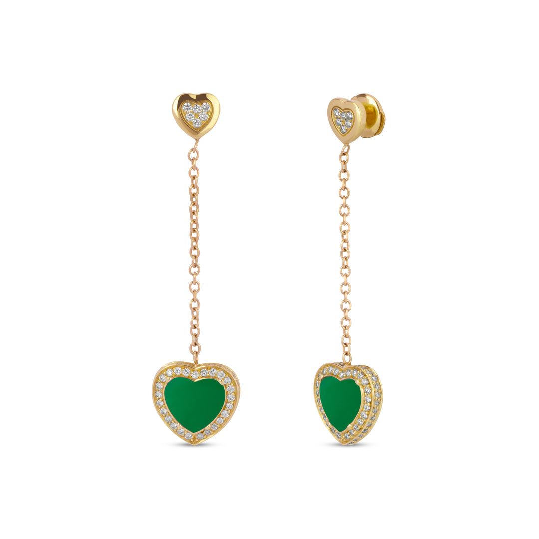 Amore drops earrings with green agate in yellow gold