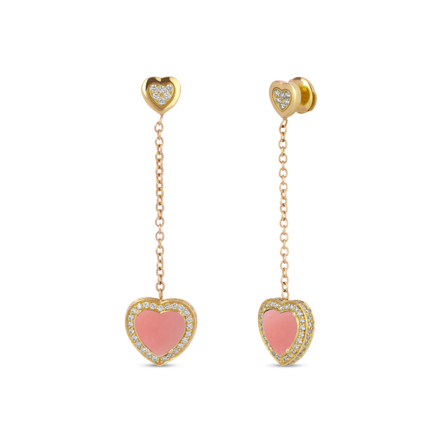 Amore drops earrings with pink opal in yellow gold
