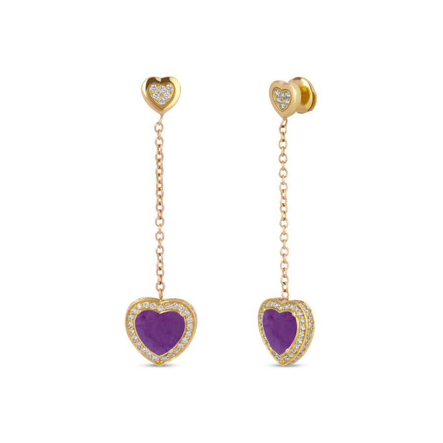 Amore drops earrings with purple agate in yellow gold