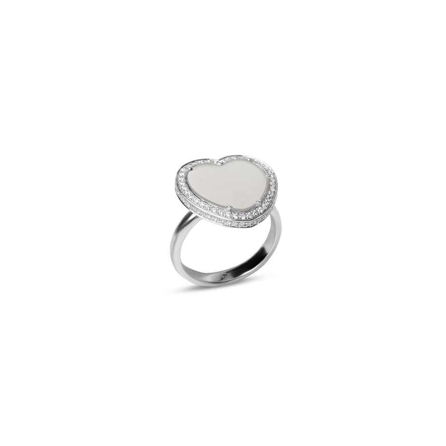 Amore rings with white agate in white gold, medium size