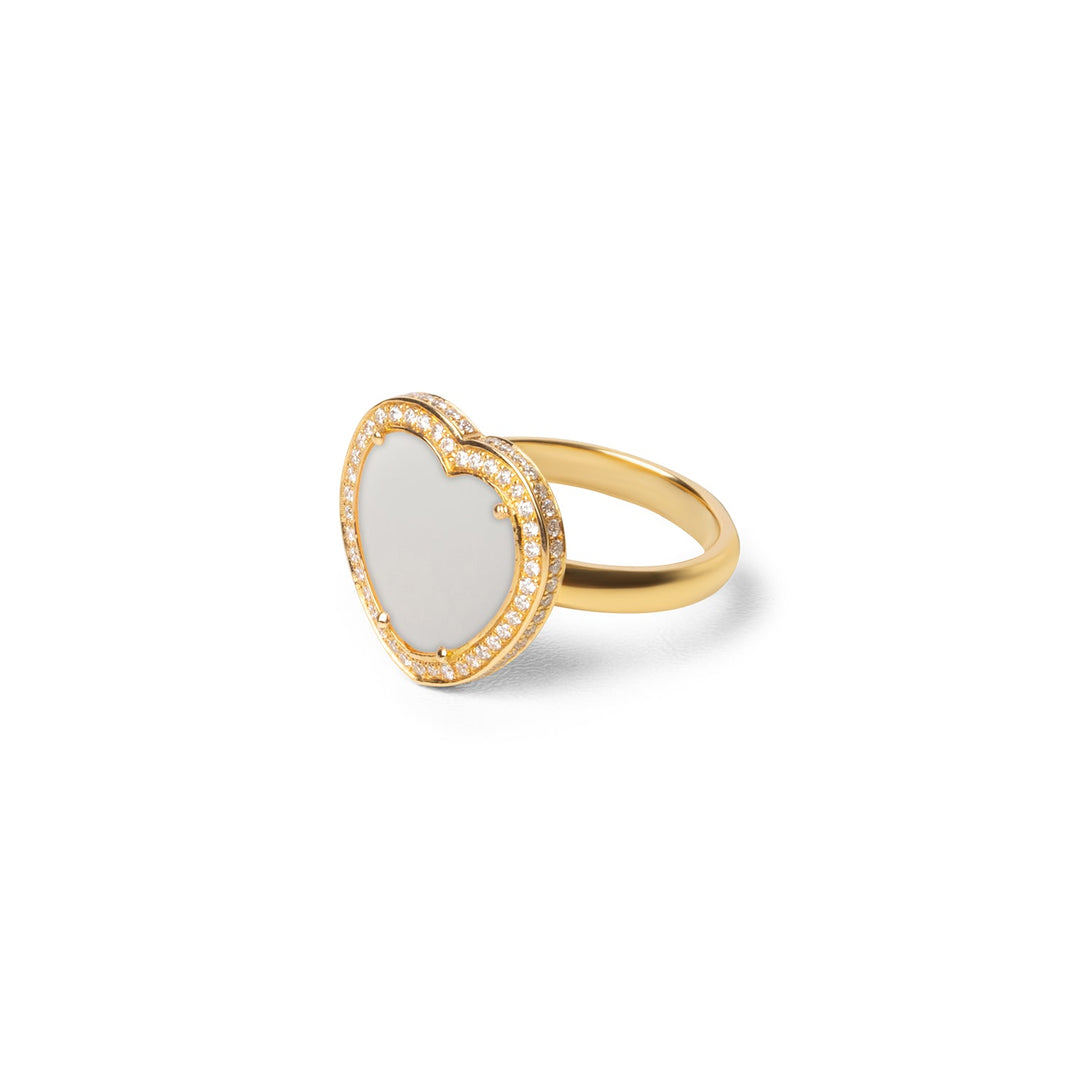 Amore rings with white agate in yellow gold, medium size (view 2)